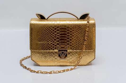 Metallic Gold Snake print shoulder bag - Genuine Italian Leather